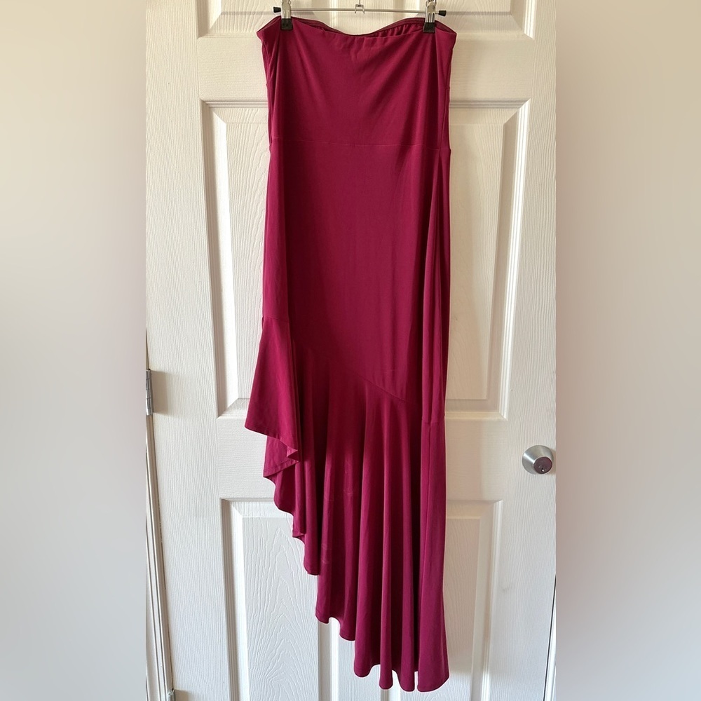 Express Strapless Asymmetrical Ruffle Maxi Dress, Fuchsia, Size Medium - Picture 11 of 15